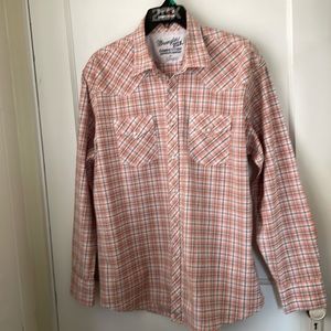 WRANGLER 20X COMPETITION Advanced Comfort Pearl Snap Shirt XL Orange Grey Plaid